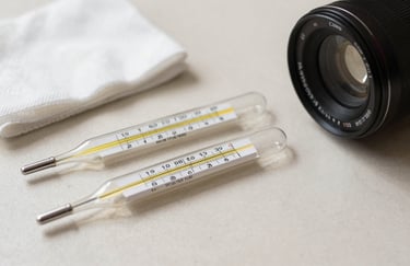 Close-up of clinical medical supplies including thermometers and gauze on a clean Soft Alabaster surface.