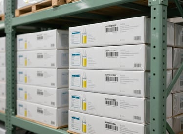 Neatly stacked boxes of medical supplies in a warehouse with Sage Green structural details.