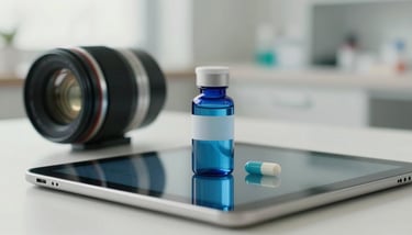 Professional pharmacist in a South American / Latin American pharmacy checking medical inventory, Sage Green and Deep Sea Blue background.