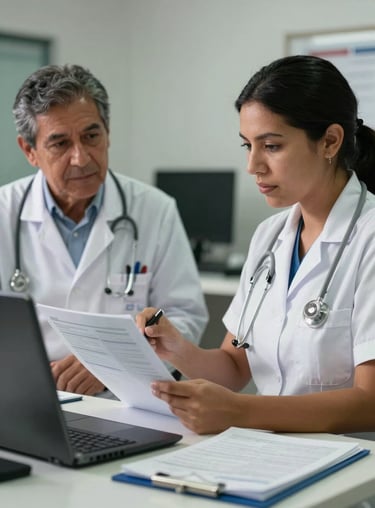 Two healthcare professionals in a South American / Latin American office reviewing product specifications with a clean aesthetic.