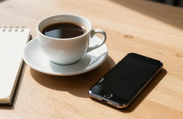 A close-up of a cup of coffee next to a notepad and a smartphone on a clean wooden desk, bright Australian morning light, minimalist style.