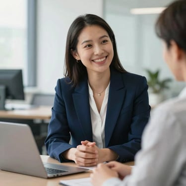 A professional female advisor in a navy blue blazer smiling warmly while speaking with a client in a bright, contemporary office. International English / Global. Professional and encouraging mood.