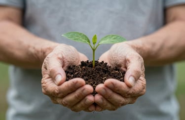 Two hands, one elderly and one young, gently holding a green seedling in rich soil. The focus is sharp on the hands, with a blurred natural background in #A8B9A6.
