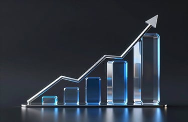 An abstract visualization of a growth graph rendered in glass and chrome materials. Reflecting #5B5BF0 and #121212. Modern and sophisticated.