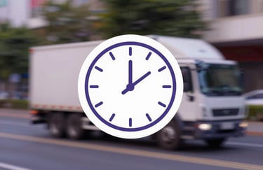 Icon-style photo of a digital clock overlaying a moving truck, symbolizing speed and immediate connection, white and purple tones.