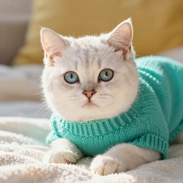 Gato blanco con ojos azules, con un suéter azul. Cliente de Patitas Coquetas