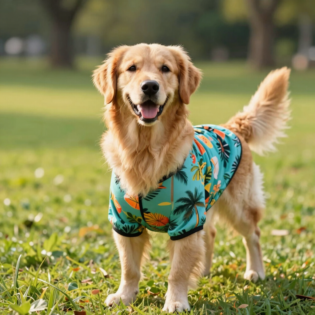 Perro en jardín con camisa playera, cliente de Patitas Coquetas