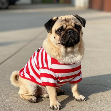 Perro Pug con suéter de rayas rojas y blancas de Patitas Coquetas