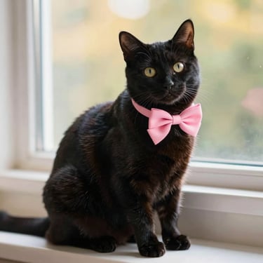 Gato negro con moño color rosa de Patitas Coquetas