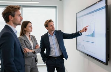 A group of European professionals in business attire collaborating in a bright, modern studio. One person is gesturing toward a large wall-mounted screen displaying data.