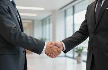 A professional handshake between two business people in tailored suits within a sleek, light-filled corporate lobby, North American / US setting.