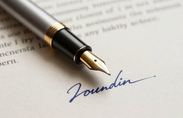 A close-up of a high-quality fountain pen with a gold nib resting on a signed legal contract with dark blue ink on off-white paper.