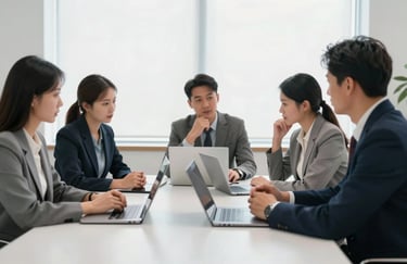 A professional business meeting scene in a brightly lit, modern office space in the US, where experts are collaborating around a sleek white table with premium technology.