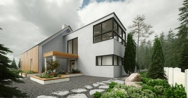 Modern luxury house with white stucco, wood accents, and large windows near a pine forest.