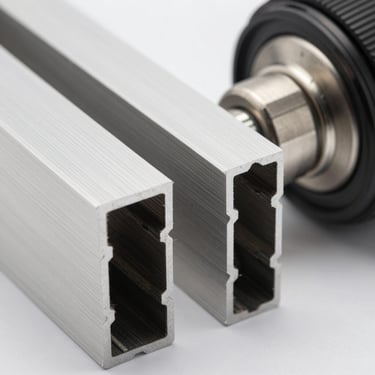 Close-up macro photography of high-grade aluminum profiles and stainless steel connectors, showing the smooth texture and precision finish, bright studio lighting.