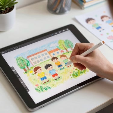Close-up of a digital artist’s hand sketching colorful pastel designs on a tablet.