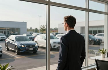 A professional North American / US business manager looking through a large glass window onto a clean, high-tech dealership lot, morning light.
