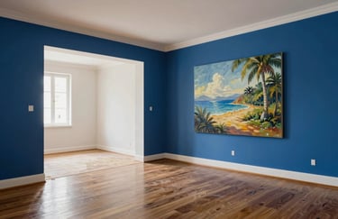 An interior shot of a recently renovated Spanish living room with polished floors and steel blue accent walls, showcasing high-quality painting work.