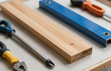 Professional construction tools and high-quality building materials laid out on a clean site in Spain, soft natural lighting highlighting the textures of wood and steel blue metal.