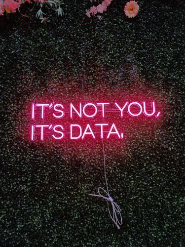 hellrosa LED Neon Schild mit Schriftzug „It’s not you, it’s data“ auf grüner Pflanzenwand