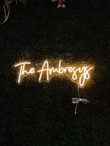 warmweißes LED Neon Schild mit Schriftzug „The Ambrosys“ auf grüner Pflanzenwand