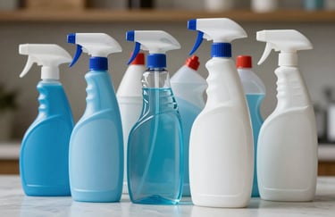 A collection of professional-grade cleaning supplies in light blue and white bottles, neatly organized on a clean surface in a North American setting.