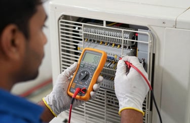 A close-up of a South Asian / Indian technician's hands wearing protective gloves while checking the electrical components of an AC unit with a multimeter.