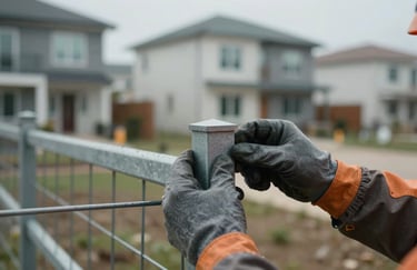 A close-up of a worker's hands, in protective gear, precisely aligning a heavy-duty fence post. The background shows a modern residential site in soft focus with Soft Mist tones.