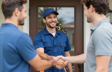 A professional electrician smiling and shaking hands with a homeowner at the front door, reflecting trust and friendly service in Sarasota.