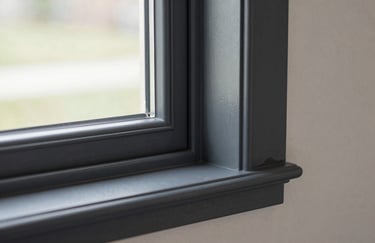 Detailed close-up of a freshly painted window frame on a modern North American / US home, in deep charcoal against soft off-white.