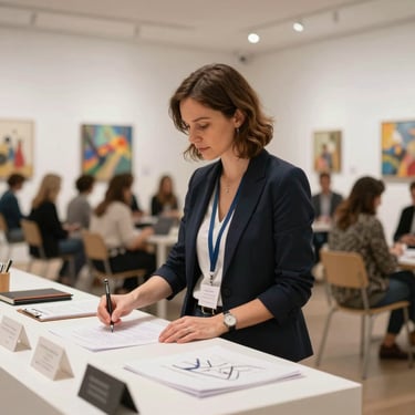 A professional organizer in smart casual attire managing a high-level cultural event or educational seminar in a sleek, modern gallery space in Bratislava.