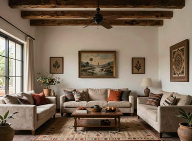 An elegant living room with high ceilings and modern Mexican decor, soft natural lighting.