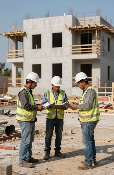 Construction workers in safety gear working on a new residential project in Veracruz, bright daylight.