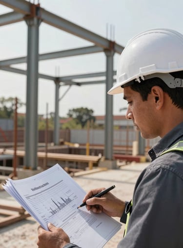 A close-up of a construction site in Veracruz with steel structures and a professional engineer looking at plans.