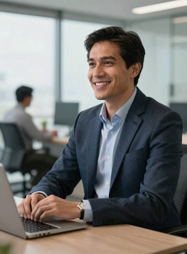 A professional consultant in a modern office setting in Mexico, smiling and looking trustworthy.