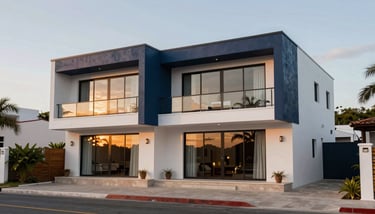 A modern white villa in a premium Veracruz neighborhood, bright morning light, professional real estate photography.