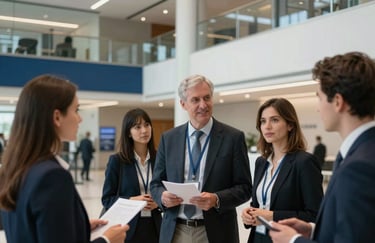 A professional networking scene in a modern North American / US corporate hall, with Steel Blue and Off-White branding elements in the background.