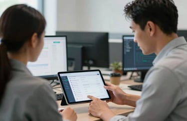 A software consultant in a North American / US office environment demonstrating a sleek interface on a tablet to a professional colleague.