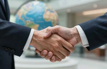 A close-up of a professional handshake between two individuals in a Global / Professional corporate lobby. The focus is sharp on the hands, with a soft-focus background featuring Soft Steel Blue lighting.