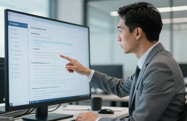 A professional in a Global / Professional office setting pointing at a digital screen during a career consultation session. The lighting is modern, clean, and highlights Soft Steel Blue tones.
