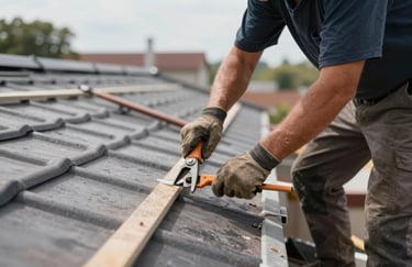 A high-quality photo of a roof repair in progress, showing the precision of the technician's tools and the clean state of the workspace.