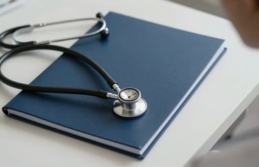 A close-up shot of a professional medical consultation in a North American / US clinic, showcasing a Dark Slate Blue folder and a stethoscope on an Off-white desk.