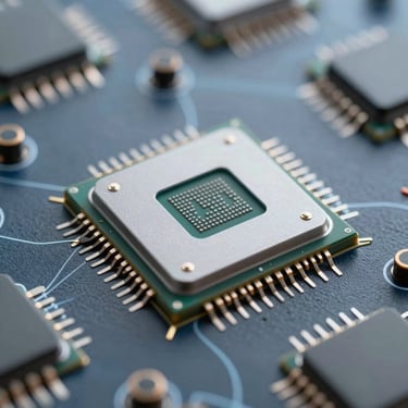 A sleek, modern engineering workspace bathed in cool blue light with holographic chip designs floating above a desk.