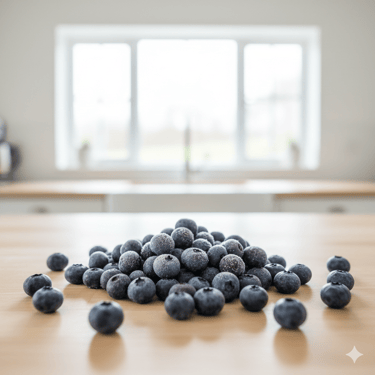 Un montón de arándanos recién congelados sobre una encimera de cocina de madera 