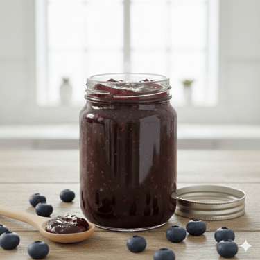 Un frasco de vidrio de mermelada de arándanos casera sobre una mesa de madera con bayas frescas 
