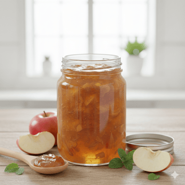 Un frasco de vidrio con mermelada de manzana casera en trozos sobre una mesa de madera