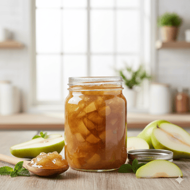 Un tarro de cristal de mermelada de pera casera con rodajas de pera fresca y menta sobre una mesa