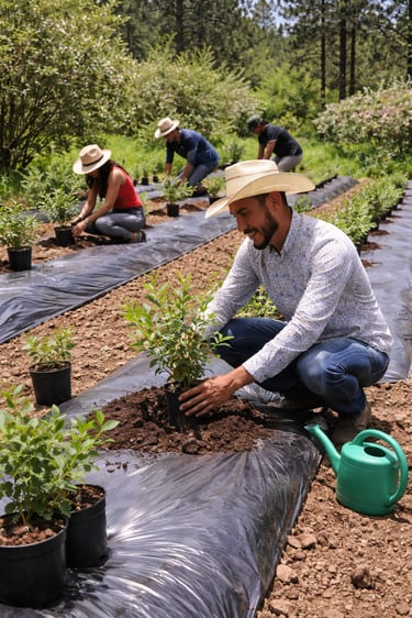 Agricultores plantan arándanos en una huerta