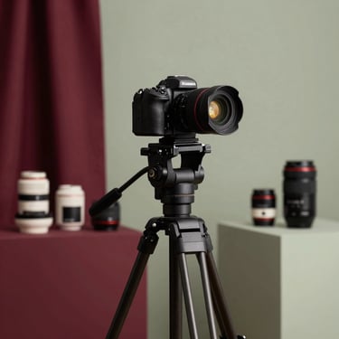 A professional photography studio in North America. A camera on a tripod is aimed at a sophisticated lifestyle product arrangement. The background is a soft sage wall with deep ripe crimson props.