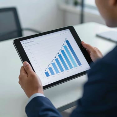 A close-up shot of a professional digital tablet showing growth charts in a modern office, held by a South American / Brazilian consultant in a sharp suit. Deep blue and light blue palette lighting.